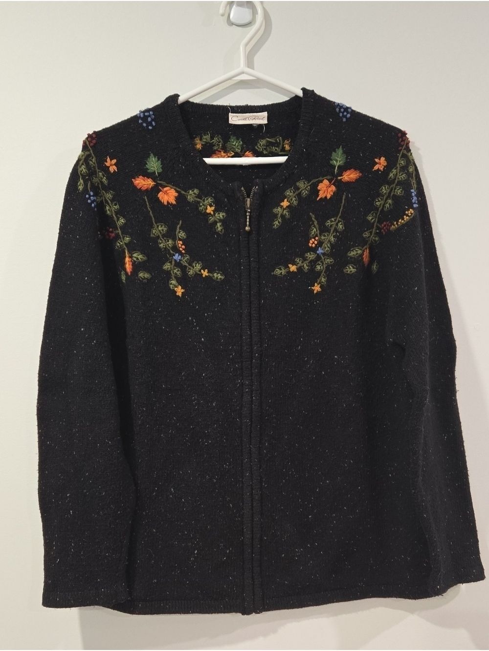 Retro Embroidered Black Zip-Up Grandmacore/Cottagecore Cardigan Sweater